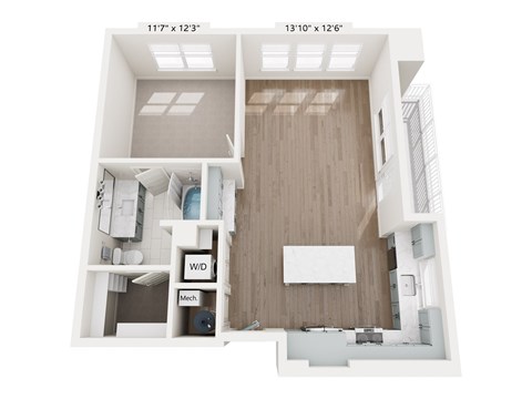 A floor plan of a small apartment with a kitchen, living room, and bathroom.